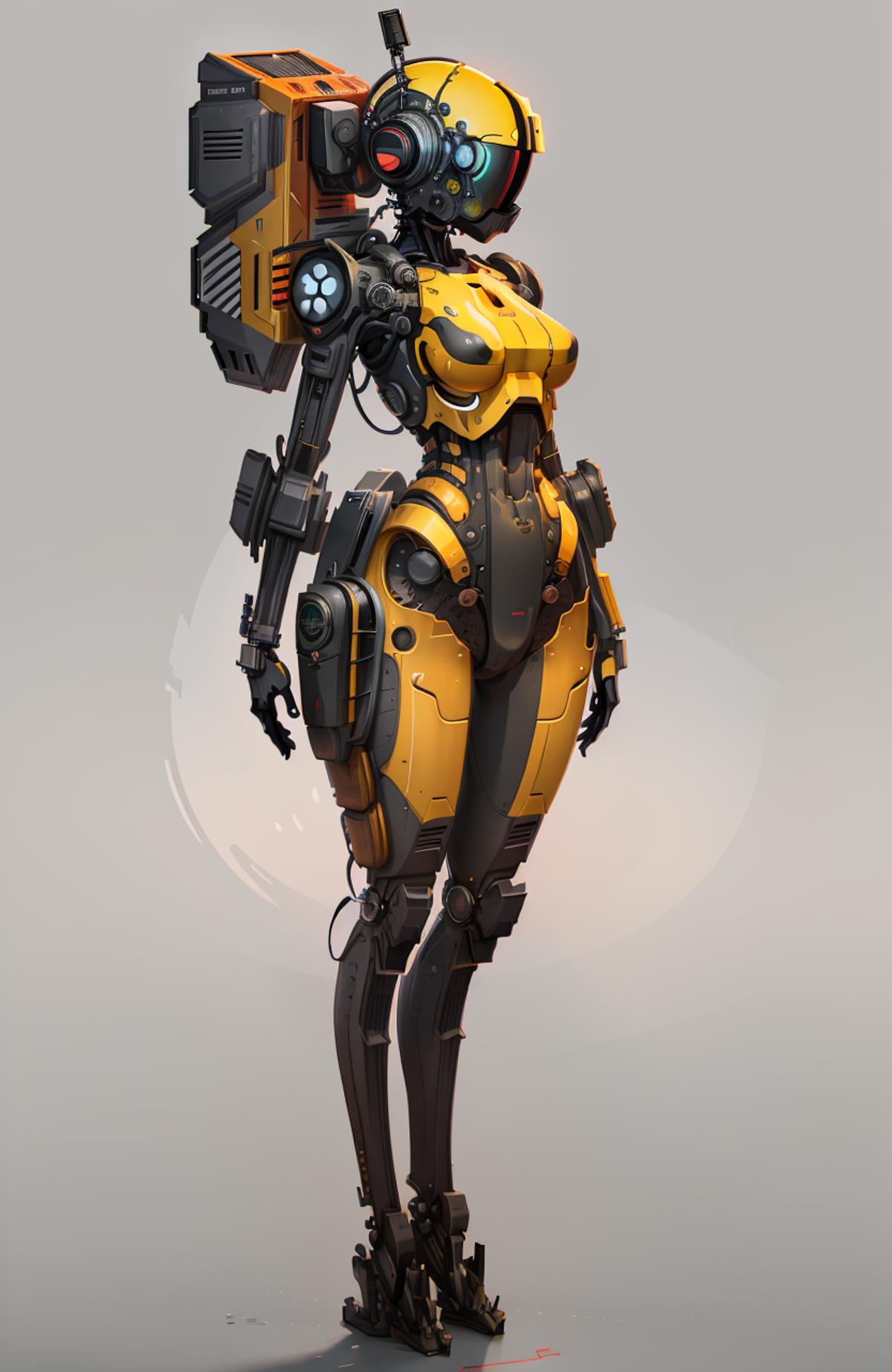 A robotic woman wearing black and yellow with a large backpack.