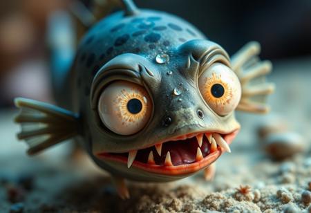 An adorable cuddly creature with huge eyes and pointy teeth, creepy cute. Lanternfish