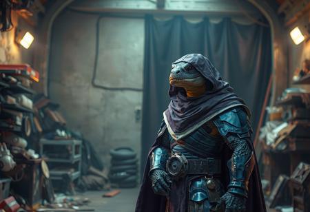 "Create a high-definition, lifelike image of a Junk Warrior, a reptilian figure standing in a cluttered garage, inspired by theCHAMBA and styled with a purple and white cloak. The warrior should have blue armor, a dark hood, and be positioned in front of a dark magic curtain. The setting is a coliseum, and the image should have a candid, 90s photo style. The image should be detailed, with geometric lines and soft room lighting, and be suitable for use as a product view or concept art, potentially as an NFT or featured on DeviantArt."