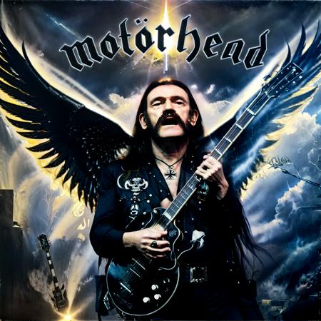 Film Noir (lemmy:1.05) as a black angel playing guitar at a (rock concert:0.85) in heaven,shining Halo ,motörhead_cover, white clouds, jesus headbanging in the background, wings, (R.I.P. LEMMY:1.15) letters,,, Film Noir, often for moody lighting, crime themes, or classic detective narratives.