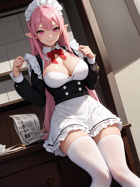 anime,8k cg, picture-perfect face, flawless, clean,(1girl:1.2),A brisk Friday morning,((The maid offers me a newspaper with both hands.)),The maid was recently hired, but her firm tone and polite manner suggest a high level of class.,(girl),(highly detailed beautiful face and eyes), pale skin,subesube, parfect body, thighs, large breasts, pink eyes, elf ears, pink hair, long hair,straight hair, (White tights up to the thighs) , cute,Maid outfit with long skirt:1.1,smile