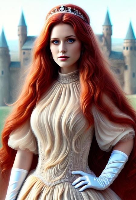 (made of w00kiee), (masterpiece), (castle:1.6), (pale skin), jewelry-tiara, ruby_deep-orange hair, long wavy hair, nose, (shiny lip), closed mouth, long dress made of w00kiee, white garter, elbow gloves, royal_cape, looking at viewer, standing, close-up, censored, puffy sleeves, closed dress, beautiful high-neck top, fully dressed, (ANATOMICALLY CORRECT:1.6), (scenery:2),  natural correct blue eyes, vintage-gala.
