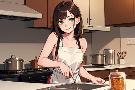 (masterpiece, best quality:1.2), solo, 1girl, freckles, smile, looking at viewer, brown hair, green eyes, naked apron, kitchen