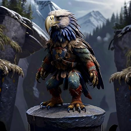 <lora:RPGAaarakocra:1>aarakocra:1.2, solo, collar, standing,  sword, holding sword, hands, arms, claws, gauntlets, glowing eyes, legs, feathers, talons, beak, belt, realistic:1.3, mountain, sharp focus, 8k,