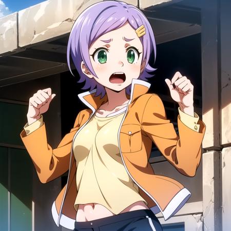 1girl, solo, short hair, hair ornament, green eyes, light purple hair,open clothes, black shorts, shirt, jacket, upper body, <lora:Goll:0.6>, open mouth, scared