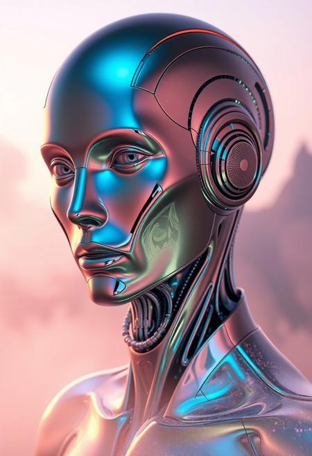 A futuristic, metallic humanoid figure, their skin shimmering like liquid chrome, gradually dissolving into a misty, pastel-hued atmosphere. surreal cybernetic dreamscape, hyper-detailed futuristic sculpture, metallic and crystalline textures, soft atmospheric mist, ethereal pastel lighting, liquid surrealism, neon iridescent glow, digital fantasy meets organic abstraction