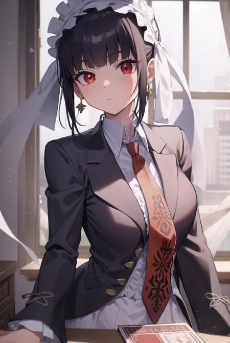 celestialudenberg, <lora:celestialudenbergtest-clean:1>, celestia ludenberg, black hair, bonnet, drill hair, earrings, long hair, (red eyes:1.5), twin drills, twintails,
BREAK bonnet, card, claw ring, frills, gothic, jacket, jewelry, gothic fashion, long sleeves, necktie, red necktie, shirt, white shirt,
BREAK indoors, classroom,
BREAK looking at viewer, BREAK <lora:GoodHands-vanilla:1>, (masterpiece:1.2), best quality, high resolution, unity 8k wallpaper, (illustration:0.8), (beautiful detailed eyes:1.6), extremely detailed face, perfect lighting, extremely detailed CG, (perfect hands, perfect anatomy),