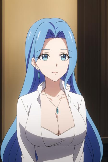 eileen, anime art style, 1girl, long_hair, breasts, blue_eyes, large_breasts, 1boy, cleavage, jewelry, blue_hair, upper_body, earrings, solo_focus, necklace