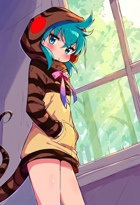  tsuchinoko (kemono friends) hoodie, striped hoodie, pocket, hood, long sleeves, neck ribbon, pink ribbon, striped tail, snake tail, striped hoodie, aqua hair, aqua eyes, short hair, 