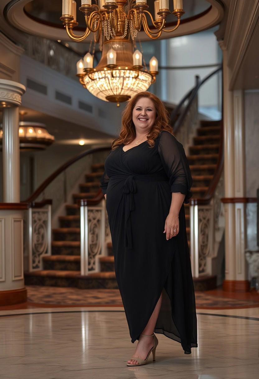 A raw, candid, ultra realistic photographic still of an overweight 41 year old English woman. She has long auburn hair done in pinned curls style. She is wearing makeup and is standing happily under an expensive looking chandelier, by a grand staircase on a first class cruise ship. She is wearing a stylish dark coloured chiffon gown that fits her perfectly and a pair of heels.