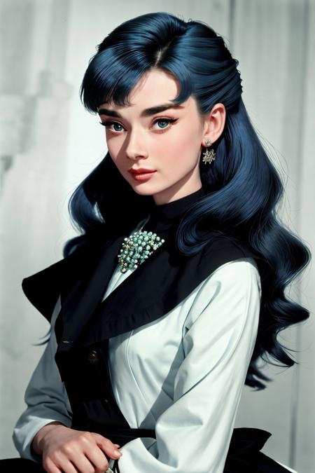 <lora:AudreyHepburn_v1-000030:.9> AudreyHepburn, focus on eyes, close up on face, wearing jewelry, Celeste Blue hair styled choppy waves hair
