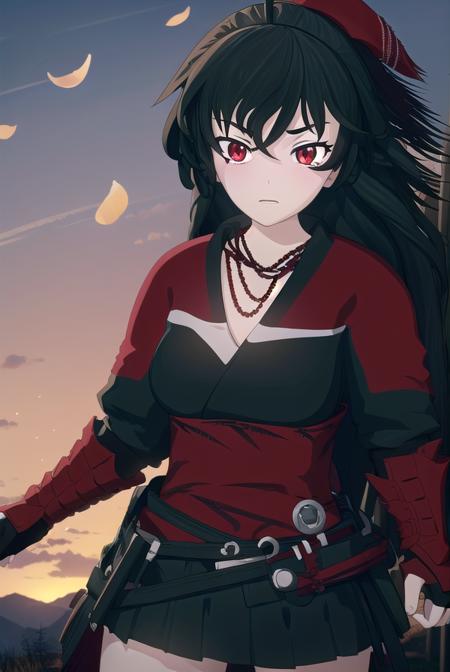 raven branwen, long hair, black hair, ponytail, hair ribbon, ribbon, (red eyes:1.2), ahoge, thighhighs, japanese clothes, black thighhighs, fingerless gloves, armor, necklace, skirt, black skirt,