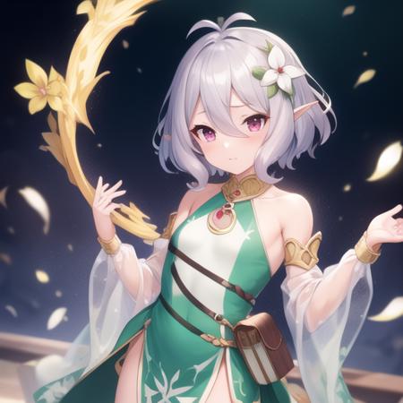 (masterpiece, best quality:1.2),illustration,8k,hd,1girl,solo,cowboy shot,kokkoro (princess connect!),petite,pointy ears,hair ornament,elf,hair flower,flower,short hair,grey hair,hair between eyes,antenna hair,looking at viewer,detached sleeves,dress,sandals,see-through,purple eyes,see-through sleeves,pink eyes,white flower,<lora:Kokkoro(pri)>,