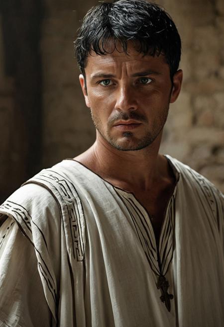 masterpiece,best quality, highly detailed,  dramatic, 1boy, solo, cowboy shot, realistic,  semi-realism, mature male, 30yo, short black hair, green eyes, wearing white ancient roman tunic, medieval clothing, piercing eyes, defiant expression, scribe, medieval house, ancient rome, looking at viewer, film photography, dramatic lighting, depth of field