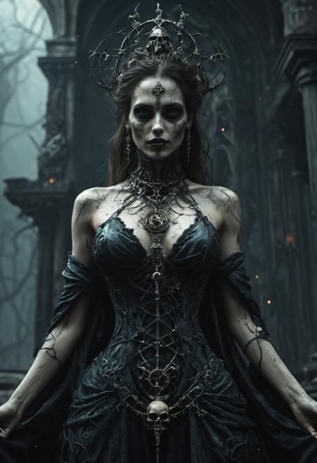 a beautiful female necromancer stands in her tower on the dead planet, her plunging gown is rife with symbols of magix and death, a swirling aura of undead magic surrounds her, an atmosphere of dark magic and death, desolation, corpse magic, high detail skin texture, realistic skin, masterpiece, meticulous, octane render, 35mm, bokeh, 9:16, (intricate details:1.12), hdr, (hyperdetailed:1.15), , (realistic photo), (in the style of Gerald Brom:1.2), <lora:SDXLFaeTastic2400:0.8>