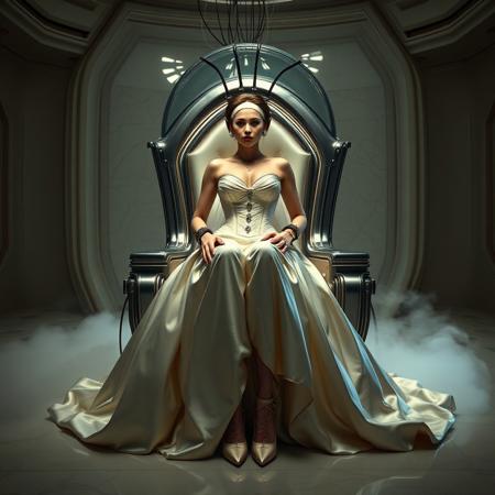 A slender, arrogant  rich norvegian bride, dressed in a luxurious, rich fantasy satin wedding gown with a fitted, boned corset and a full, flared skirt, paired with satin high heels, orgasm face. The massive electrodes holding her head pressed to headpillow,  cables to a  futuristic superconputer rack. Her hands and ankles are bound to a polished steel throne with massive glass hood  by massive steel restraints, accentuating her ultra-thin waist.  weird fog from the floor. The scene is set in a sterile, empty chamber, with a glossy mother-of-pearl finish, evoking a sense of futuristic dread. Inspired by the cinematic styles of Ridley Scott, Guillermo del Toro, and H.R. Giger, with a blend of sci-fi and horror elements, this full-body portrait is a masterpiece of cinematic storytelling, shot on a virtual v-raptor XL camera, with a warm, film-grained aesthetic, subtle vignette, and rich color grading, reminiscent of 35mm film, with dramatic, atmospheric lighting, inviting the viewer to immerse themselves in this epic, stunning scene.