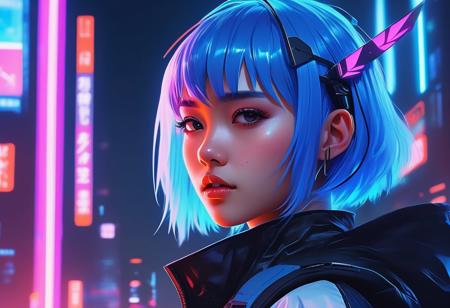 Picture a mesmerizing cyberpunk scene featuring a girl with striking blue hair and ethereal angel wings, exuding anime vibes in a neon-lit and dark urban landscape. Embrace the fusion of futuristic technology and supernatural elements as she embodies the essence of a holy cyborg necromancer girl. Rendered in a digital cyberpunk anime art style, the character emanates a dreamy yet wicked aura, with vibrant colors contrasting against the neon lights of the cityscape. Channel the dynamic and vibrant artistry of Rossdraws to bring this cyberpunk anime girl to life, with a wicked smile hinting at her mysterious nature. Infuse the scene with cyberpunk vibes and fantasy elements, creating a captivating blend of genres. This digital artwork promises to immerse viewers in a world where technology and magic intertwine, evoking a sense of awe and wonder.
