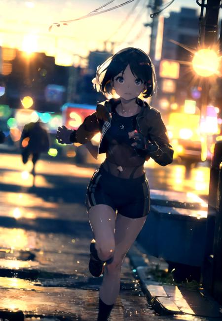 <lyco:fbodynetlocon:1>, customoutfit18, fbodynet, fishnet, 1girl, arm guards, bangs, black eyes, black hair, smile, medium breasts, full body, jacket, crop top, sweat pants, masterpiece, highres, bokeh, chromatic aberration, depth of field, city, rim light, fill light, sun ray, subsurface scattering, running,