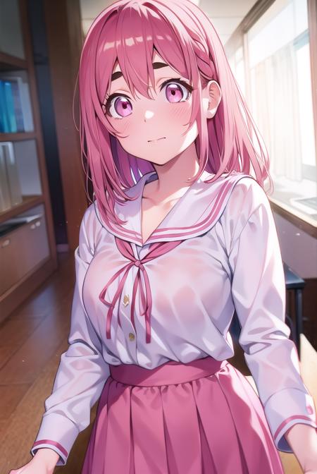 sumisakurasawa, <lora:sumisakurasawa-lora-nochekaiser:1>,
sumi sakurasawa, bangs, (pink eyes:1.5), hair between eyes, pink hair, braid, hair bow, thick eyebrows,
BREAK skirt, shirt, long sleeves, bow, ribbon, school uniform, white shirt, serafuku, sailor collar, red ribbon, neck ribbon, red skirt, white sailor collar,
BREAK looking at viewer,
BREAK indoors, classroom,
BREAK <lyco:GoodHands-beta2:1>, (masterpiece:1.2), best quality, high resolution, unity 8k wallpaper, (illustration:0.8), (beautiful detailed eyes:1.6), extremely detailed face, perfect lighting, extremely detailed CG, (perfect hands, perfect anatomy),