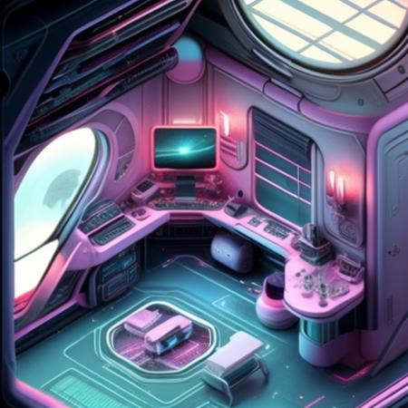 a cropped photo of a Isometric_Dreams, a poster of a futuristic looking room with a table and chairs in it, and a tv set in the center