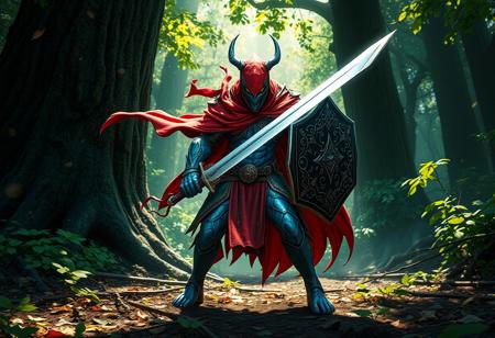 expert An intricate A vibrant blue and green Abyss Warrior with a flowing red cape stands dynamically in a verdant forest, ready for battle. Sword gleams in dappled sunlight, shield raised. Forest floor of leaves & twigs, rough tree trunk background. Epic composition, powerful action pose, dramatic lighting. Splash Ink Illustration, Octane Render, Unreal Engine 5, cinematic, trending on Artstation. High detail, stunning colors.