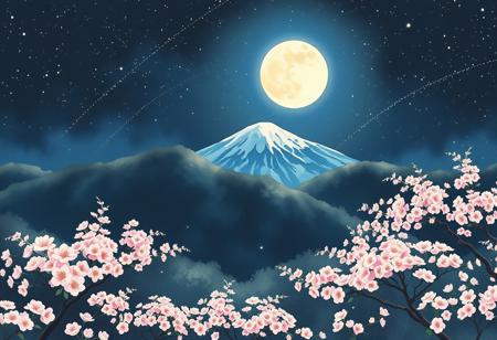 An incredibly beautiful garden of blooming sakura on the mountain slopes, illuminated by a bright moon, dark night, very starry sky, many bright stars in the sky, in the style of a Japanese watercolor painting, delicate brushwork, soft pastel colors, serene atmosphere