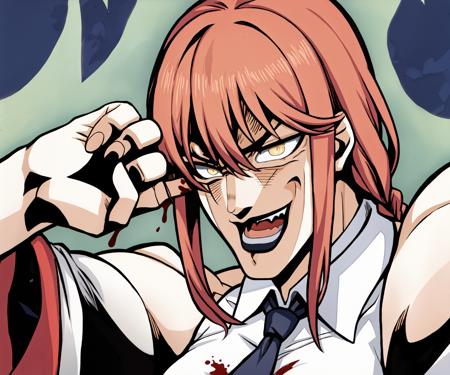 sgnjd\(a\), 1girl,araki hirohiko (style), open mouth, smile,blood,makima \(chainsaw man\), standing, red hair, long braided hair, golden eyes, bangs, medium breasts, white shirt, necktie,