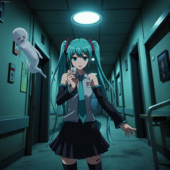 <lora:Mistoon_Anime_Flux:0.7> , anime. , This is an anime screencap from Danganronpa 3. , <lora:Sayaka_Maizono_flux_jt_epoch20:0.7> Hatsune Miku is the main focus of the image. She's a young woman with long aqua hair, twintails, aqua eyes, small breasts, bare shoulders, necktie, detached sleeves, two red hair ornaments holding her hair in twintails, a sleeveless grey shirt that has the Hope's Peak crest on it, black pleated skirt, aqua necktie, black thighhighs, black sleeves, and a red arm tattoo that reads "01". She's involved with the following. Hatsune Miku in a spooky, abandoned hospital on Halloween night, with eerie medical equipment and flickering fluorescent lights. She is dressed as a ghostly nurse, holding a clipboard with cryptic notes. Hanako, the toilet ghost, floats nearby, her spectral form blending with the eerie atmosphere.