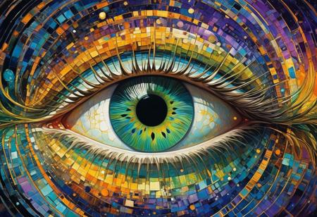 ,A disembodied eye, vast and eerie, composed entirely of countless smaller eyes. Each individual eye, floating in the vastness of a psychedelic space, is a vibrant kaleidoscope of colors, swirling in an intricate cosmic dance. The pupil of this unusual ocular amalgamation is a vortex of deep purples and blues, drawing the viewer into its mesmerizing depths. The iris is a chaotic swirl of neon greens, yellows, and oranges, reminiscent of a cosmic hurricane. The space around the eye is filled with a trippy array of geometric shapes and patterns that pulse and shift with an otherworldly rhythm. Stars and planets, distorted by the gravitational pull of the eye's gaze, seem to be caught in its peripheral visio, whimsical , <lora:add-detail-xl:3>, famous artwork (by john berkey:1.2), (fractal art:1.2), fantasy style,, (by Henry asencio:1.1), (by Josephine Wall:1.1),  (by Edgar Degas:1.2), (by Pierre-Auguste Renoir:0.9), (by Claude Monet), (by Vincent Van Gough:), (by J M W Turner), (by Hokusai) and  (by James Gurney) , (oil painting), (Art Nouveau), (by Gustav Klimt:), (by Egon Schiele), (by Oskar Kokoschka), (by Alphonse Mucha), (in ukiyo-e art style:0.6), (masterpiece:1.2), (epic composition:1.4), (talent:1.2)