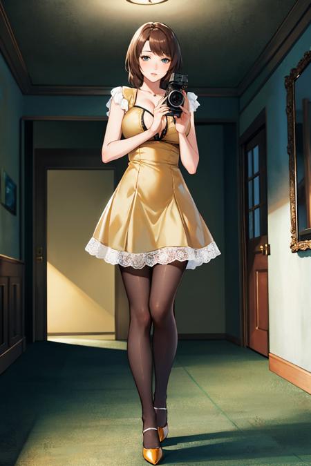 minazuki ruka yellow dress, pantyhose, cleavage, high heels