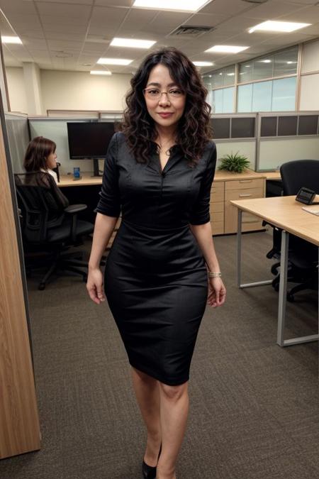 (ultrarealistic, ultradetailed)1.2, a japanese mature woman, beautiful, curvy, (medium wavy hair), detailed eyes, (black frame eyewear), detailed lips, (seductive smile), highly detailed face, (little black dress, high heels)1.1, ((holding files))1.2, (standing at her workstation, in a crowded office)1.1, 32K UHD resolution, (visible skin details, highly detailed skin, realistic clothing deformation, natural material texture, material's natural reflection, clothing specularity, diffuse reflection), soft lighting, path tracing, Physically Based Rendering, Principled BSDF, (high quality, masterpiece, best quality, maximum detailed photo)1.2, <lora:jukujo:1>