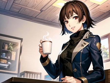 masterpiece, best quality, highres, extremely detailed CG unity 8k wallpaper,
illustration of dsmakoto, 1girl, solo focus, short hair, crown braid, jacket, scarf, turtleneck, smiling, parted lips, sitting in a booth, holding coffee cup on table, cafe interior, detailed background
<lora:dsmakoto_e4:0.75>