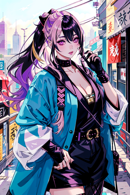 <lora:Shinsengumi_Haori:0.8>  Shinsengumi Haori,1girl, solo, long hair, (Shinsengumi), twin tails, hair buns, two tone hair, multicolored hair, pink hair, two colored hair, streaked hair, blonde hair, gold eyes, bangs, makeup, black lipstick, lips, lipstick, purple hair, mascara, eyeshadow, cross necklace, hair bow, lace gloves, fishnets, black leggings, dynamic angle, cyberpunk, city view, side lighting, shiny skin, detailed eyes, detailed face,