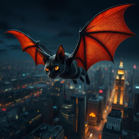 hyperrealistic art a bat-cat hybrid with leathery wings and glowing eyes, flying through the night sky above a sprawling cityscape, with neon lights reflecting off its fur as it hunts in the darkness. extremely high-resolution details, photographic, realism pushed to extreme, fine texture, incredibly lifelike