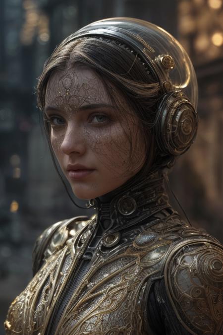 Raw Photo of planetary explorer of harsh alien worlds, wearing transparent, ((translucent), gold filigree biomechanical suit, gold filigree gloves, ((light bokeh)), intricate, elegant, sharp focus, soft lighting, vibrant colors, masterpiece, detailed face, intricate details, cinematic shot on Nikon z9 mirrorless camera, ultra realistic, (art by Darek Zabrocki and Giger and Cedric Peyravernay),  (detailed exterior sci-fi environment :1.4), Dystopian, photorealistic, epic, highly detailed eyes, eyes are identical and symmetrical  <lora:more_details:0.9> ((eye contact)), looking at viewer