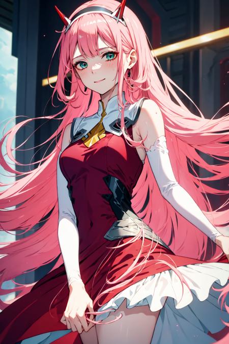 zerotwo, 1girl, solo, blush, rose blush, indoor, long hair, looking at viewer, smile, closed mouth, medium breasts, very long hair, green eyes, pink hair, hairband, horns, shiny, shiny hair, aqua eyes, straight hair, :p, white hairband, double-breasted, honey, masterpiece, realistic, anime, <lora:zerotwo:1>,  <lora:skirt_tug_v0.1:1.0>
1girl, clothes tug, cocktail dress, wind,best quality, highly detailed, sleeveless, sexy dress, club dress, black dress