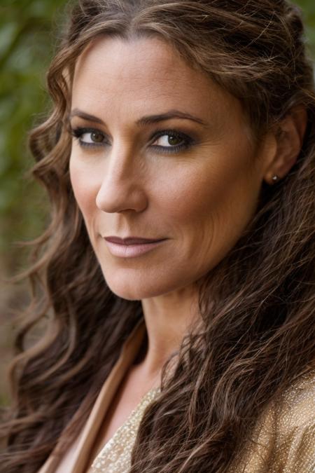 king costume ,  camp , dusk  <lora:Orla_Brady:1> masterpiece, best quality, detailed face,, 1girl, solo, a mature o1873b, brown_eyes, realistic, brown_hair, long_hair, posing,