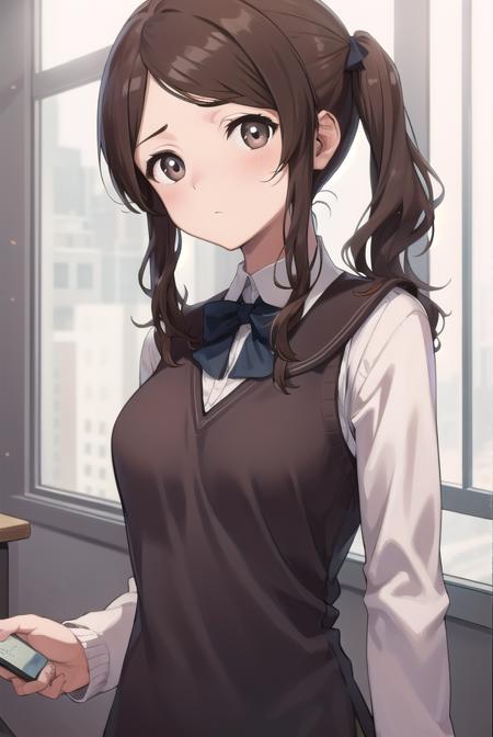 saenakata, <lora:saenakatatest:1>, sae nakata, brown hair, hair ribbon, (swept bangs:1.5), twintails, (brown eyes:1.5),
BREAK kibito high school uniform, school uniform, sweater vest,,
BREAK looking at viewer,
BREAK indoors, classroom,
BREAK <lora:GoodHands-vanilla:1>, (masterpiece:1.2), best quality, high resolution, unity 8k wallpaper, (illustration:0.8), (beautiful detailed eyes:1.6), extremely detailed face, perfect lighting, extremely detailed CG, (perfect hands, perfect anatomy),