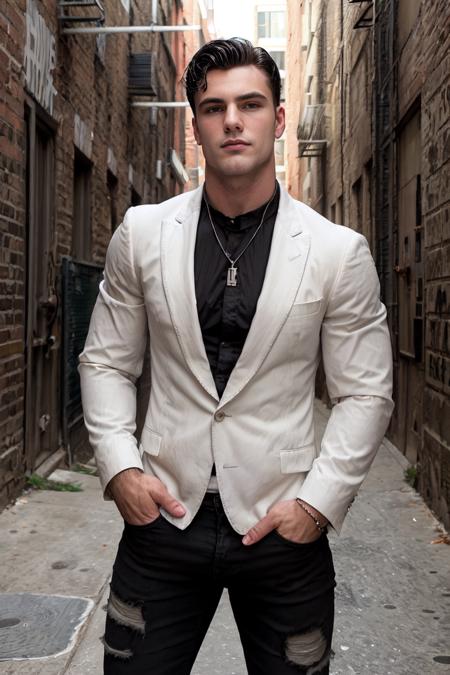 RAW Photo, photo of man levi_conely posing in a gritty urban alleyway with brick walls, fire escapes, and street art, <lora:levi_conely-06:1>, edgy yet sophisticated look, wearing a tailored Armani black suit jacket with a skinny black tie over a crisp white dress shirt and black jeans and a silver chain necklace, style of bruce weber