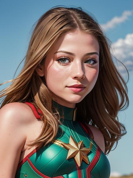 ((realism)), extremely high quality RAW photograph, detailed background, intricate, Exquisite details and textures, highly detailed, (((full body photo))) of Michelle Trachtenberg is Captain Marvel, (((flying:1.2))), ((hair blowing in wind)), (((looking away from camera))), ultra detailed photograph, warm lighting, artstation, 4k, sharp focus, high resolution, detailed skin, detailed eyes, 8k uhd, dslr, low harsh lighting, high quality, film grain, Fujifilm XT3,