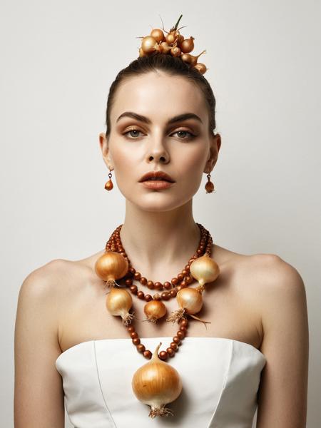Surrealist art woman wearing a necklace made of onions, simple background . Dreamlike, mysterious, provocative, symbolic, intricate, detailed