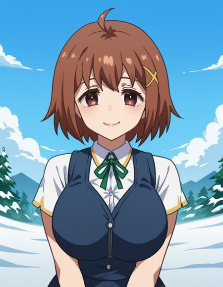 nimi minimi, short hair, large breasts, brown hair, hair ornament, brown eyes, ahoge, x hair ornament skirt, school uniform, blue skirt, short sleeves, collared shirt, ribbon, green ribbon,