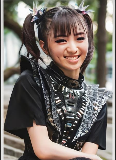 realistic, photorealistic, detailed, beautiful, RAW photo, film grain, (natural lighting :1.2), japanese, woman, raw photo, photo background, twintails, m0akiku, punk style, black outfit, 20 years old, detailed black eyes, bokeh, baby metal, smile <lora:m0akiku :1.15>, eyeliner