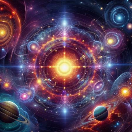 Cyberspace, glowing magical energy in cyberspace, A visually stunning depiction of the solar system where each celestial body and element is composed of intricate fractangles, giving a mesmerizing and geometric appearance. The sun is a radiant core made of interconnected glowing fractangles, emitting bright light in a fractal pattern. Each planet, from Mercury to Neptune, is a unique composition of colorful, detailed fractangles, with Saturn featuring a distinctive ring made of smaller fractangular shapes. The asteroid belt is a collection of floating fractangles of various sizes and colors. The background is a deep, star-filled space with fractangular nebulae and constellations. The entire scene has a cohesive, harmonious blend of vivid colors, intricate details, and a sense of cosmic wonder, embodying the beauty and complexity of both the solar system and fractal art.