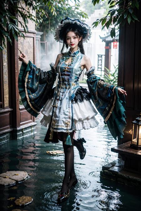 best quality, quality, masterpiece, photorealistic, 1girl, solo, full body, cns attire, layered dress, hat, detached sleeves, wide sleeves, jewelry, black pantyhose, detailed background, chinese garden, water, tress, <lora:cns_attire_style7_v1:0.65>