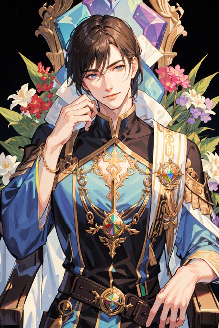 masterpiece, best quality, 1 male, adult, handsome, tall muscular guy, light hair, fantasy, complex pattern, detailed face, throne, upper body, best ratio four finger and one thumb, rainbow effect, prism, spring flower, smile