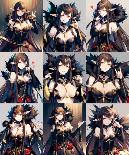 masterpieces,detailed,detailed eyes,mature female,milf, ((white skin)),(pale skin:1,.3),tall female,semiramis \(fate\),black dress, black fur trim, off shoulders,bare shoulders,cleavages,bridal gauntlets, ((masterpiece)) ,<lora:semi-08:1>,(smirk:1.2),black hair,long hair, yellow eyes,pointy ears, (slit pupils)