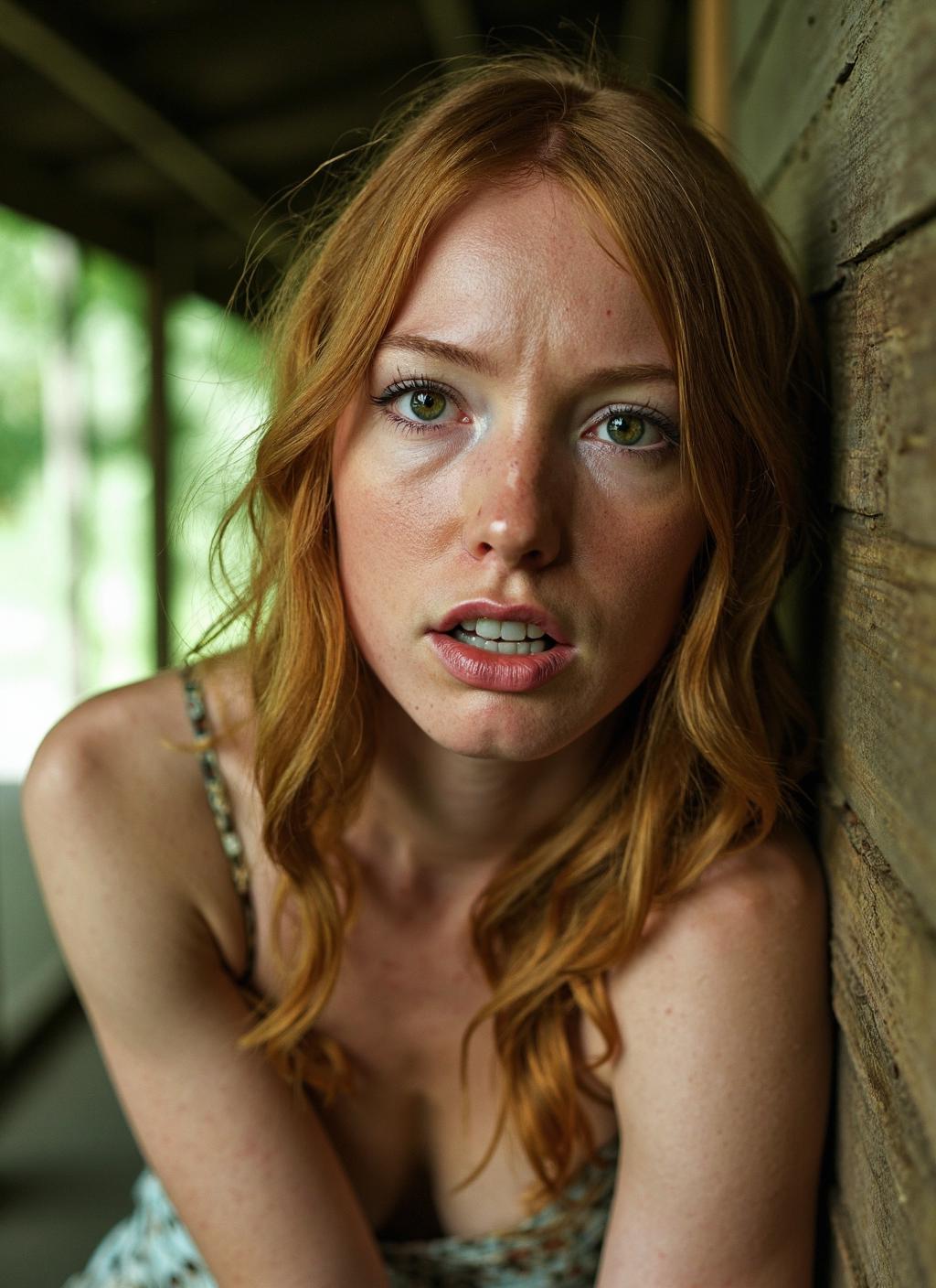 {    "T5": "Close-up facial photo of Alicia Witt, her skin extremely detailed with pores and freckles visible, eyes wide open with a look of fear in them, eyelids slightly tensed, and eyebrows furrowed, pupils constricted. Her lips are parted slightly, showing the edges of her teeth. She is wearing a strapless dress, the fabric draping off her shoulders, with a low-braided long hair streaked with loose strands framing her face. The hair appears slightly tousled as if she has been pressing against something or looking around frantically. The background is blurred, but the slight hint of the Birdwatching Blind's wooden slats and foliage can be seen, soft and out of focus.",    "CLIP-L": "Alicia Witt, fear expression, close-up, strapless dress, long streaked hair, braided, blurred birdwatching blind background, detailed skin, detailed hair texture" }