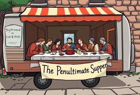 A cartoon version of the last supper by Leonardo da Vinci outside a mobile fish and chip shop, A banner is hanging from the front of the table which reads:"The Penultimate Supper"