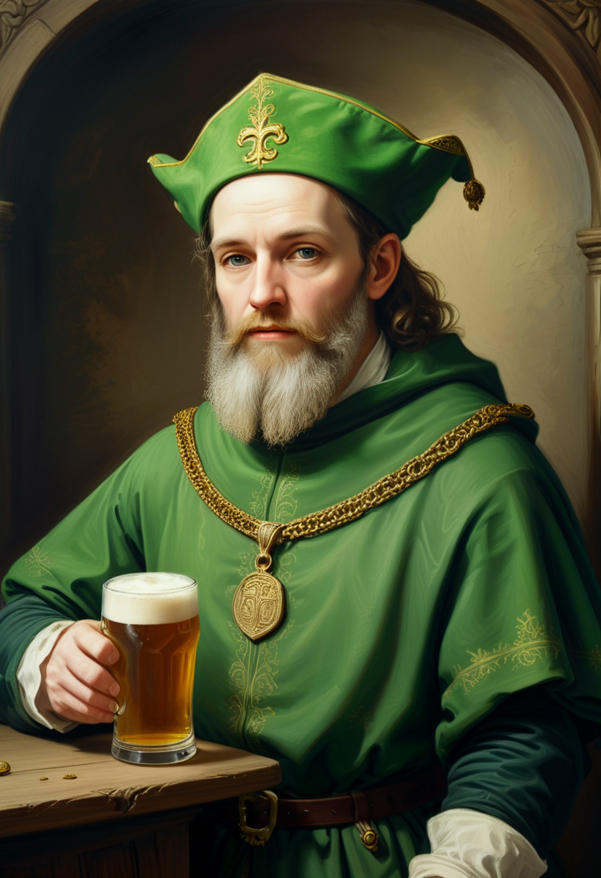Patron saint of Ireland. Wearing green, saint patrick. Painting, portrait, 16th century . Drinking a pint
